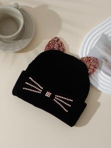 Gorro con diamante de imitación & con dibujos animados con diseño de oreja - Negro - Ver 4