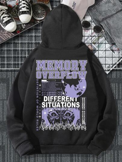 Guys Slogan Graphic Drop Shoulder Drawstring Thermal Lined Hoodie