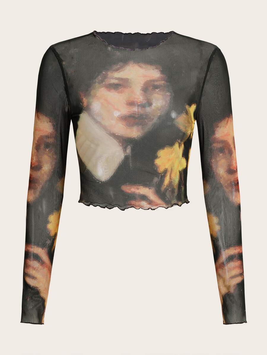 SHEIN ICON 人像圖案木耳邊短款網紗上衣不附胸罩 - 彩色 - 查看 1