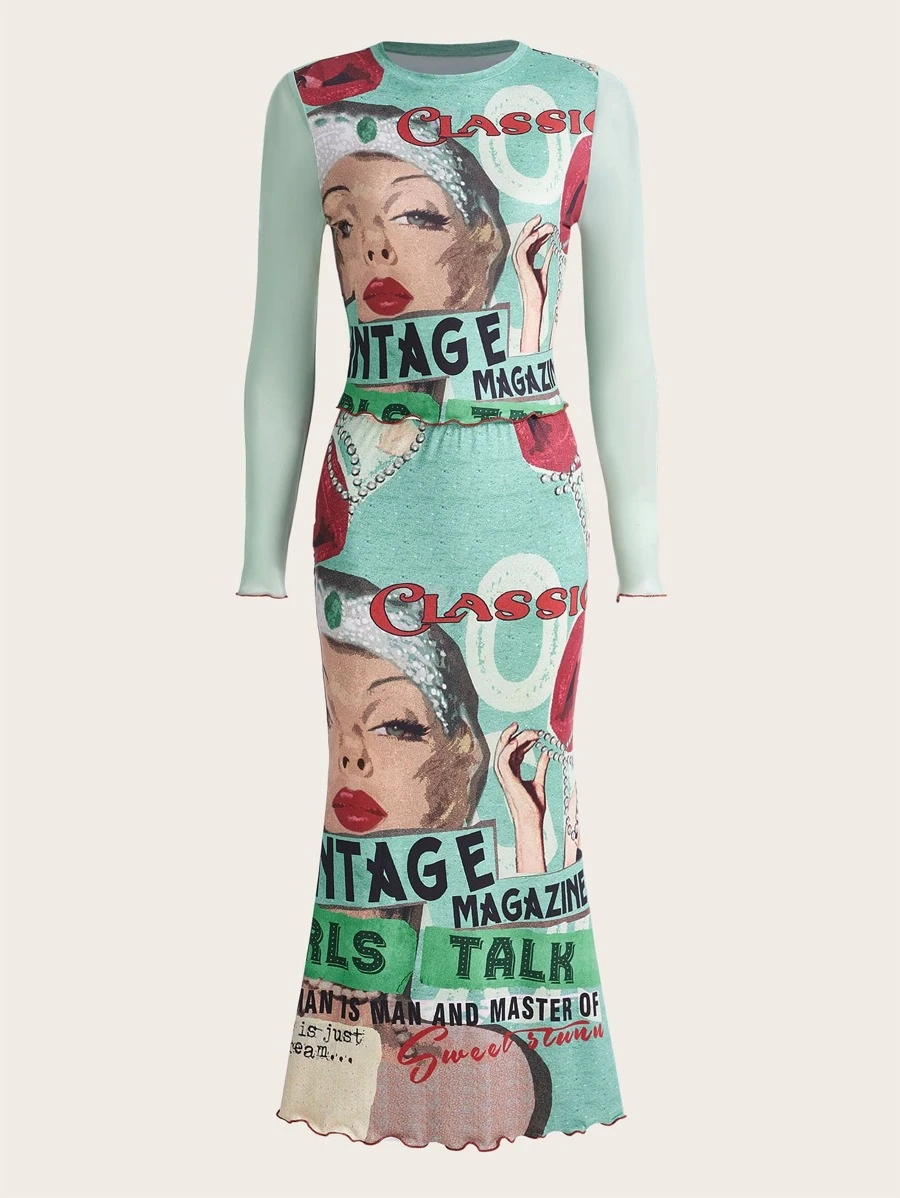 SHEIN ICON 人物和字母圖案小高領短款上衣和半身裙不附腰帶 - 彩色 - 查看 1