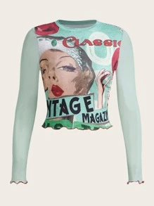 SHEIN ICON 人物和字母圖案小高領短款上衣和半身裙不附腰帶 - 彩色 - 查看 4