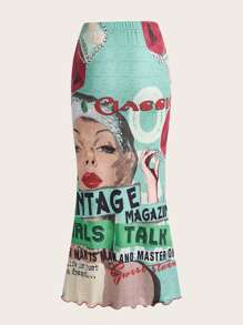 SHEIN ICON 人物和字母圖案小高領短款上衣和半身裙不附腰帶 - 彩色 - 查看 7