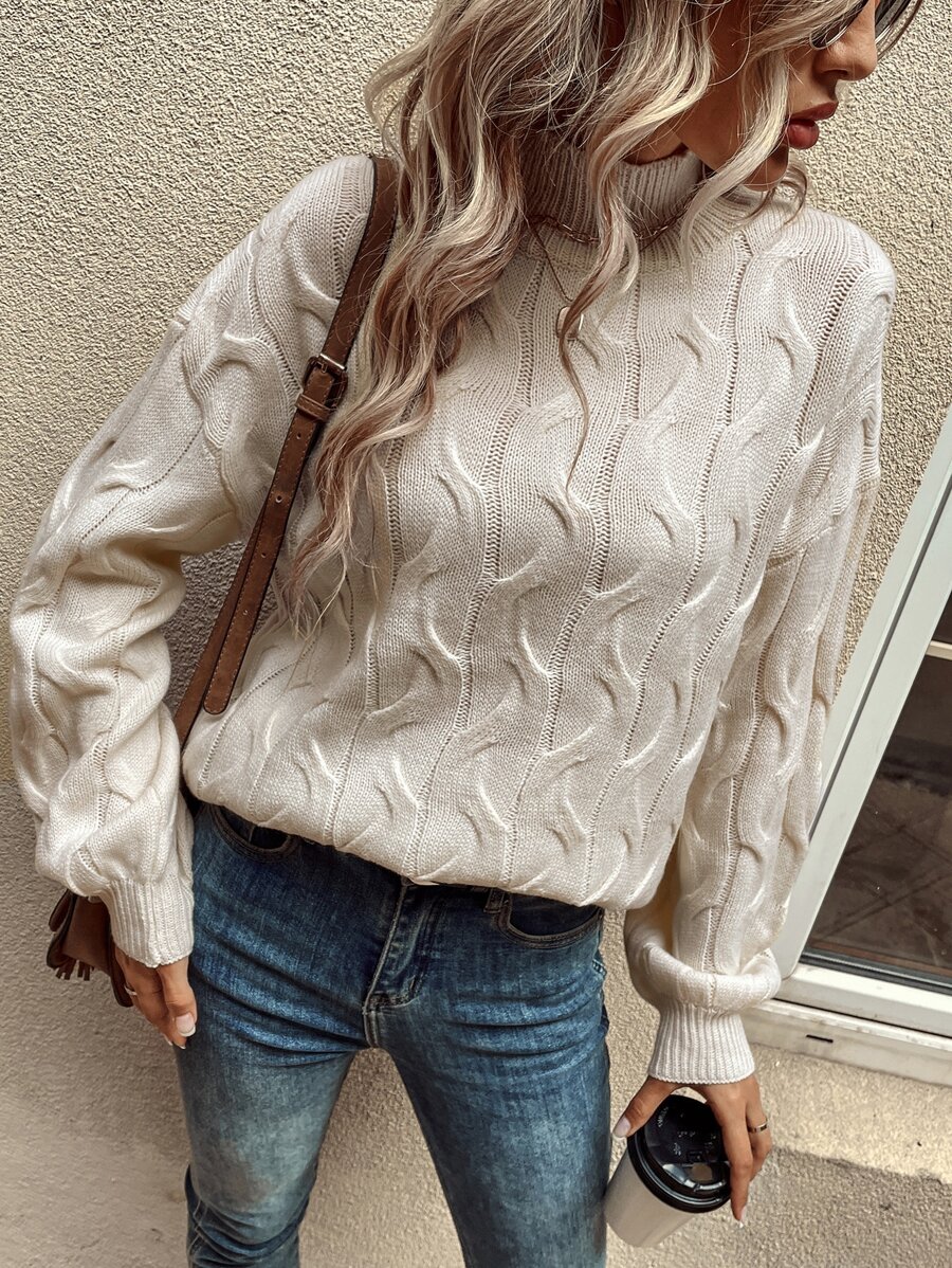 SHEIN LUNE Cable Knit Drop Shoulder Jumper - Beige - View 1