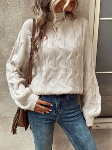 SHEIN LUNE Cable Knit Drop Shoulder Jumper - Beige - View 3
