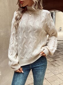 SHEIN LUNE Cable Knit Drop Shoulder Jumper - Beige - View 5