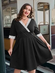 SHEIN DECDS Plus Polka Dot Surplice Neck Dress - Black - View 2