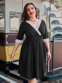 SHEIN DECDS Plus Polka Dot Surplice Neck Dress - Black - View 3