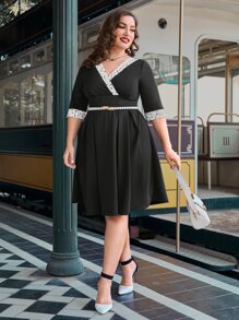 SHEIN DECDS Plus Polka Dot Surplice Neck Dress - Black - View 1