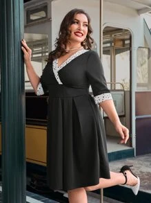 SHEIN DECDS Plus Polka Dot Surplice Neck Dress - Black - View 4