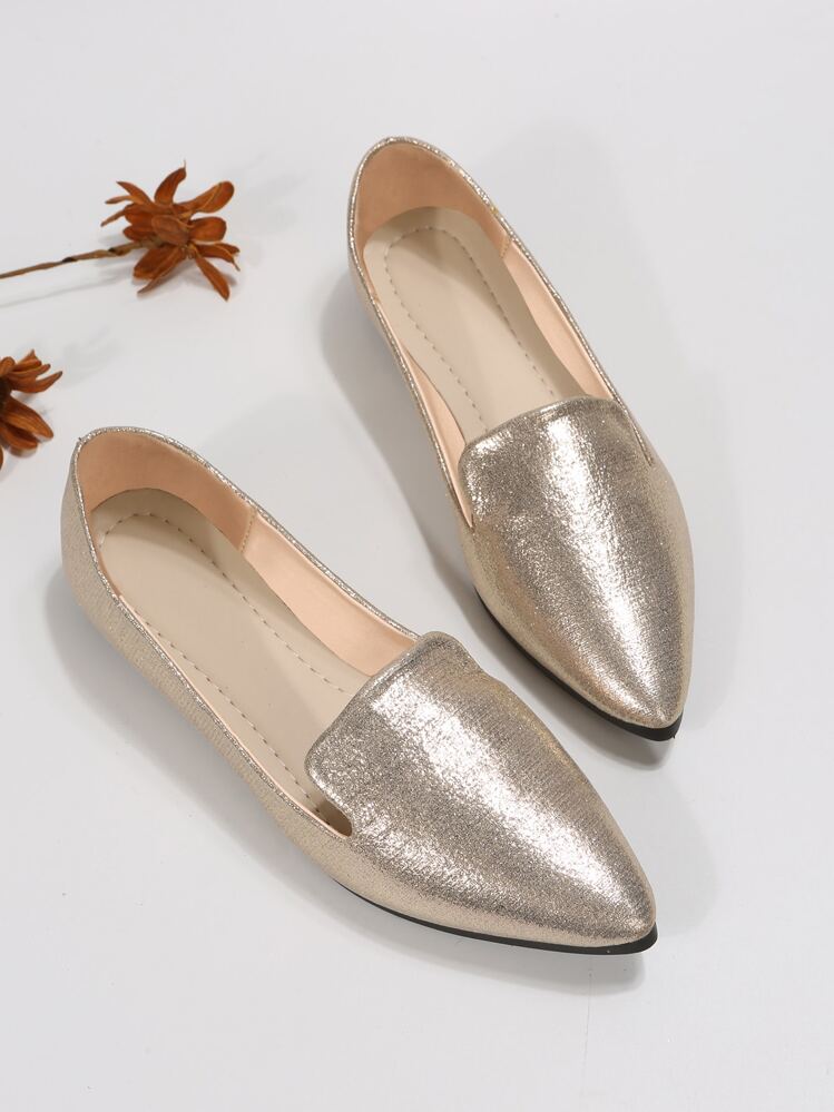 Fall/Winter Metallic Point Toe Flat Loafers,Women's Shiny Gold Flat-Colored Shoes With Pointed Toes, Suitable For All Seasons, Made Of Elegant PU Material - Champagne - View 1