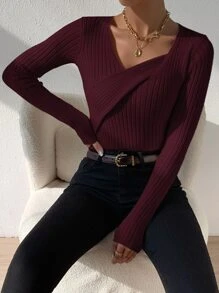 SHEIN Privé Jersey tejido de canalé cruzado - Burdeos - Ver 3