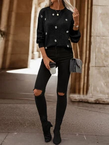 SHEIN LUNE Rhinestone Detail Drop Shoulder Jumper - Black - View 4