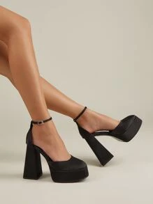 Chunky Heeled Ankle Strap Pumps - Black - View 1