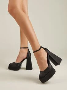 Chunky Heeled Ankle Strap Pumps - Black - View 2