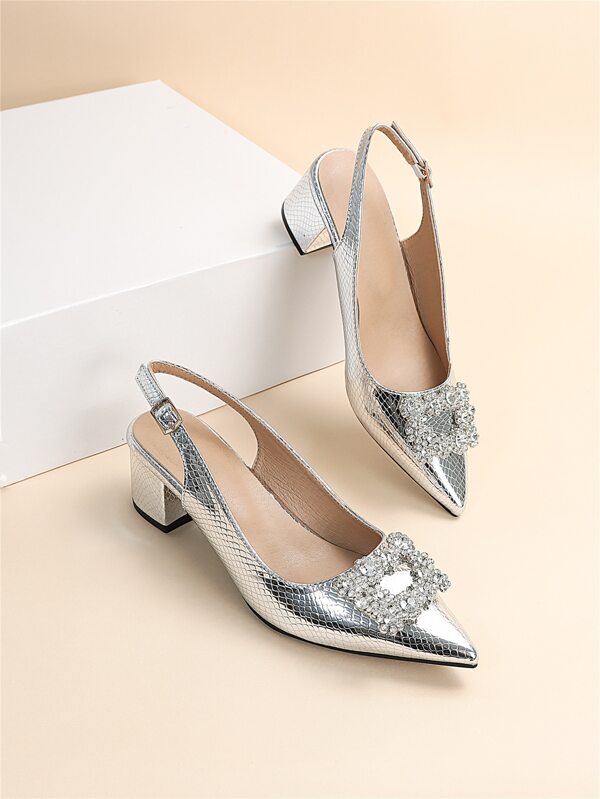 Metallic Snakeskin Embossed Rhinestone Decor Slingback Pumps, Women's High Heel Shoes With Ankle Strap, Silver Party Rhinestone Embellished And Snake Print Back Heel Valentines