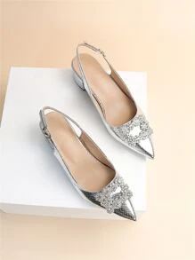 Sapatos de Salto Alto com Tira no Tornozelo, Estampa de Cobra Metalizada Gravada com Decoração de Strass, Salto Prateado com Strass e Estampa de Cobra para Festa, Elegante