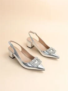 Sapatos de Salto Alto com Tira no Tornozelo, Estampa de Cobra Metalizada Gravada com Decoração de Strass, Salto Prateado com Strass e Estampa de Cobra para Festa, Elegante