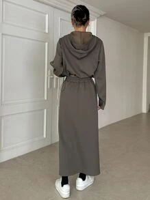 DAZY Solid Drawstring Crop Sweatshirt & Split Thigh Skirt - Mocha Brown - View 2