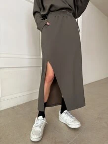 DAZY Solid Drawstring Crop Sweatshirt & Split Thigh Skirt - Mocha Brown - View 3