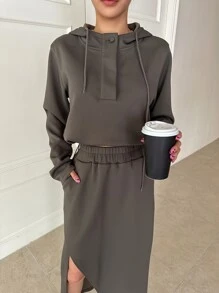 DAZY Solid Drawstring Crop Sweatshirt & Split Thigh Skirt - Mocha Brown - View 4