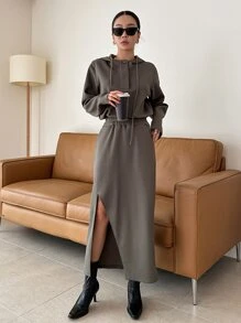 DAZY Solid Drawstring Crop Sweatshirt & Split Thigh Skirt - Mocha Brown - View 5