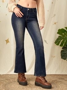 ROMWE Floral Embroidery Flare Leg Jeans - Dark Wash - View 3