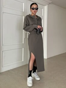 DAZY Solid Drawstring Crop Sweatshirt & Split Thigh Skirt - Mocha Brown - View 7