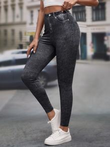 SHEIN LUNE 高腰牛仔印花緊身褲 - 黑色 - 查看 1