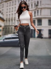 SHEIN LUNE 高腰牛仔印花緊身褲 - 黑色 - 查看 5