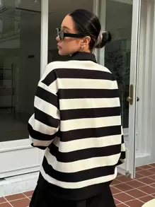 DAZY Striped Polo Neck Drop Shoulder Sweatshirt, Ladies Late Fall Casual Button Long Sleeve Polo Regular Fit Regular Black And White Drop Shoulder Half Placket Women Hoodies,Long Sleeve Tops