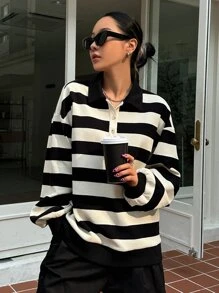 DAZY Striped Polo Neck Drop Shoulder Sweatshirt, Ladies Late Fall Casual Button Long Sleeve Polo Regular Fit Regular Black And White Drop Shoulder Half Placket Women Hoodies,Long Sleeve Tops