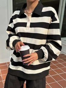 DAZY Striped Polo Neck Drop Shoulder Sweatshirt, Ladies Late Fall Casual Button Long Sleeve Polo Regular Fit Regular Black And White Drop Shoulder Half Placket Women Hoodies,Long Sleeve Tops