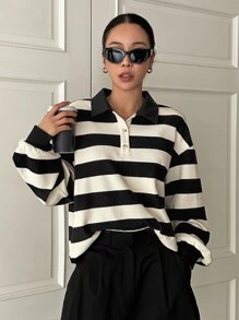 DAZY Striped Polo Neck Drop Shoulder Sweatshirt, Ladies Late Fall Casual Button Long Sleeve Polo Regular Fit Regular Black And White Drop Shoulder Half Placket Women Hoodies,Long Sleeve Tops