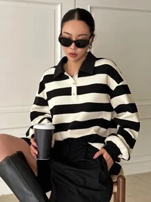 DAZY Striped Polo Neck Drop Shoulder Sweatshirt, Ladies Late Fall Casual Button Long Sleeve Polo Regular Fit Regular Black And White Drop Shoulder Half Placket Women Hoodies,Long Sleeve Tops
