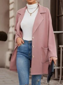 SHEIN Essnce Lapel Neck Pocket Patched Button Through Drop Shoulder Coat - Dusty Pink - View 3