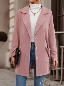 SHEIN Essnce Lapel Neck Pocket Patched Button Through Drop Shoulder Coat - Dusty Pink - View 5