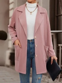 SHEIN Essnce Lapel Neck Pocket Patched Button Through Drop Shoulder Coat - Dusty Pink - View 6