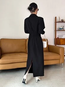 DAZY Cổ áo Nút phía trước Tách rời Đầm - màu đen - Xem 2