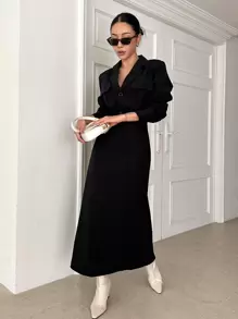 DAZY Cổ áo Nút phía trước Tách rời Đầm - màu đen - Xem 4