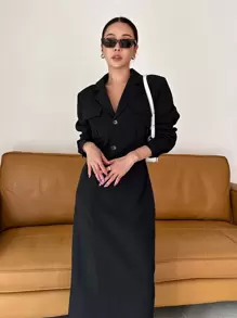 DAZY Cổ áo Nút phía trước Tách rời Đầm - màu đen - Xem 7