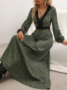 Breezaya Vestido con encaje de manga farol - Verde militar - Ver 1