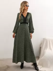 Breezaya Vestido con encaje de manga farol - Verde militar - Ver 4