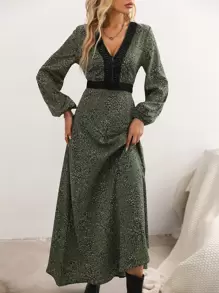 Breezaya Vestido con encaje de manga farol - Verde militar - Ver 6