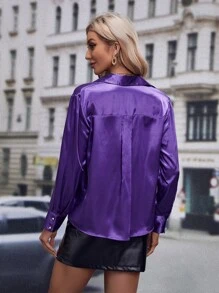 Blusa unicolor de satén - Morado - Ver 3