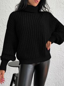 Turtleneck Lantern Sleeve Jumper - Black - View 4