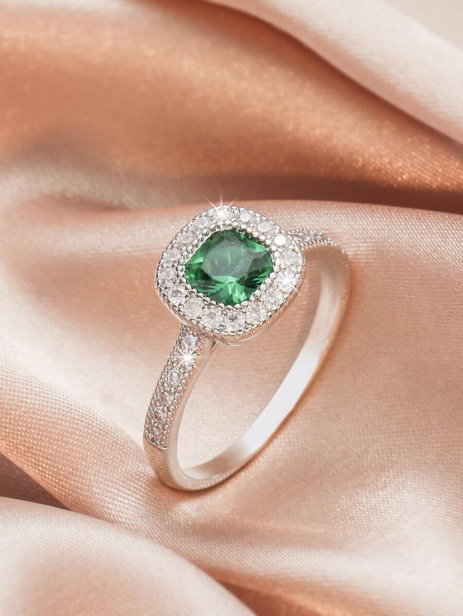 方晶鋯石裝飾戒指 - 銀色 - 查看 1