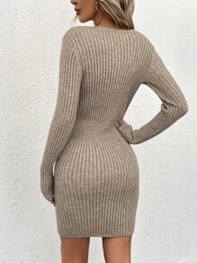 Button Detail Ribbed Knit Jumper Dress - Khaki - View 3