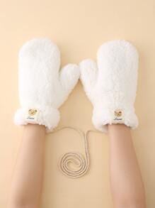 Cartoon & Letter Graphic Label Patched Fuzzy Gloves - White - View 2