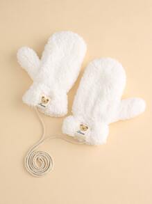 Cartoon & Letter Graphic Label Patched Fuzzy Gloves - White - View 3