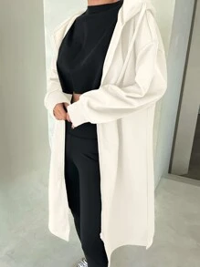 DAZY Zip Up Drop Shoulder Drawstring Longline Hoodie - White - View 3